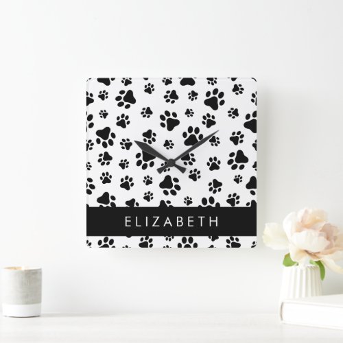 Paw Pattern Dog Paws Black and White Your Name Square Wall Clock