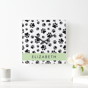 Paw Pattern, Dog Paws, Black and White, Your Name Square Wall Clock