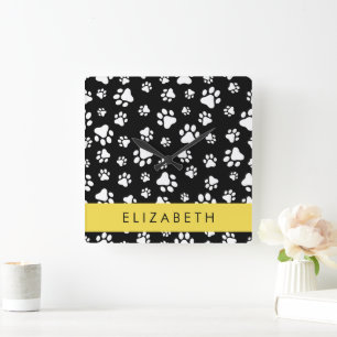 Paw Pattern, Dog Paws, Black and White, Your Name Square Wall Clock