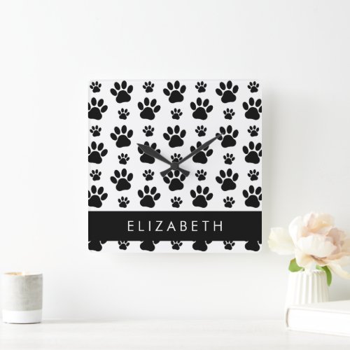 Paw Pattern Dog Paws Black and White Your Name Square Wall Clock