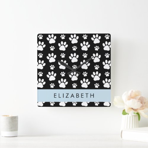 Paw Pattern Dog Paws Black and White Your Name Square Wall Clock