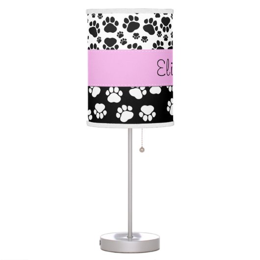 Paw Pattern, Dog Paws, Black and White, Your Name Table Lamp (Left)