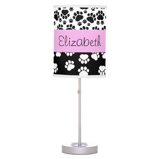 Paw Pattern, Dog Paws, Black and White, Your Name Table Lamp (Front)