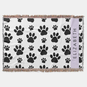 Paw Pattern, Dog Paws, Black and White, Your Name Throw Blanket