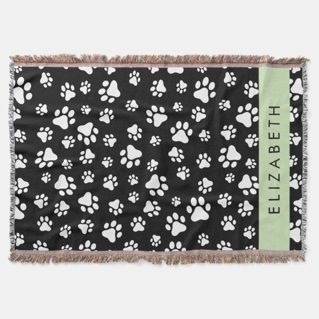 Paw Pattern, Dog Paws, Black and White, Your Name Throw Blanket (Front)