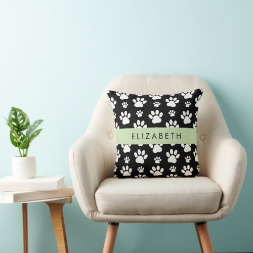 Paw Pattern Dog Paws Black and White Your Name Throw Pillow