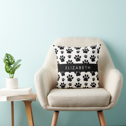 Paw Pattern Dog Paws Black and White Your Name Throw Pillow