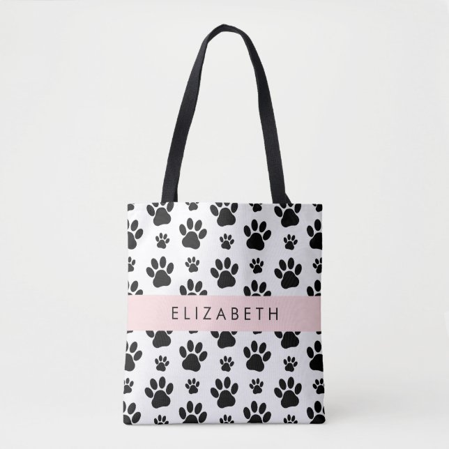 Paw Pattern, Dog Paws, Black and White, Your Name Tote Bag (Front)