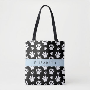 Paw Pattern, Dog Paws, Black and White, Your Name Tote Bag