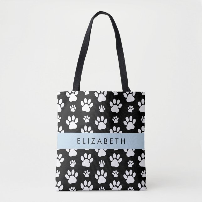 Paw Pattern, Dog Paws, Black and White, Your Name Tote Bag (Front)