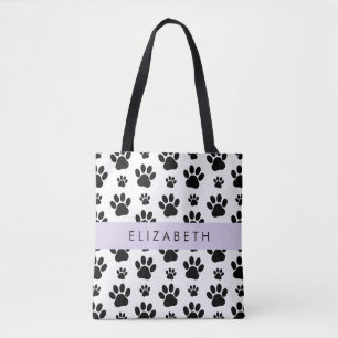 Paw Pattern, Dog Paws, Black and White, Your Name Tote Bag