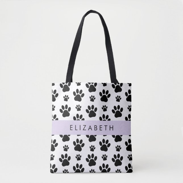 Paw Pattern, Dog Paws, Black and White, Your Name Tote Bag (Front)