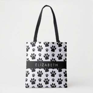 Paw Pattern, Dog Paws, Black and White, Your Name Tote Bag