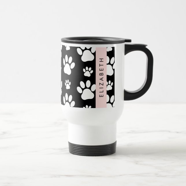 Paw Pattern, Dog Paws, Black and White, Your Name Travel Mug (Right)