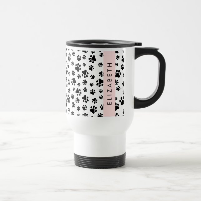 Paw Pattern, Dog Paws, Black and White, Your Name Travel Mug (Right)