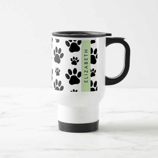Paw Pattern, Dog Paws, Black and White, Your Name Travel Mug (Right)