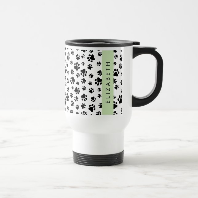 Paw Pattern, Dog Paws, Black and White, Your Name Travel Mug (Right)
