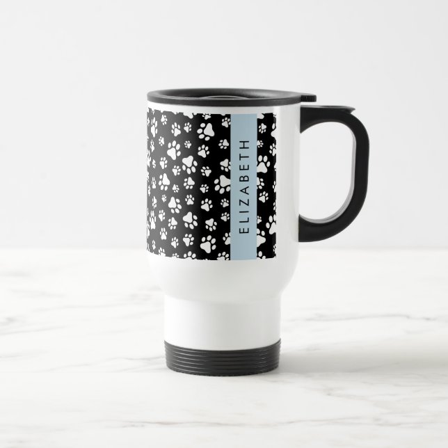 Paw Pattern, Dog Paws, Black and White, Your Name Travel Mug (Right)