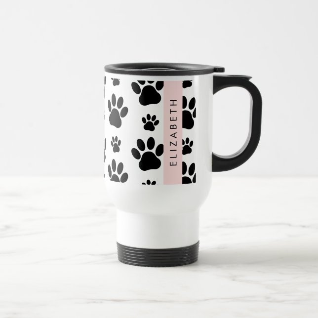 Paw Pattern, Dog Paws, Black and White, Your Name Travel Mug (Right)