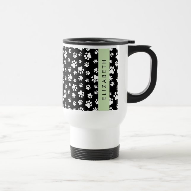 Paw Pattern, Dog Paws, Black and White, Your Name Travel Mug (Right)