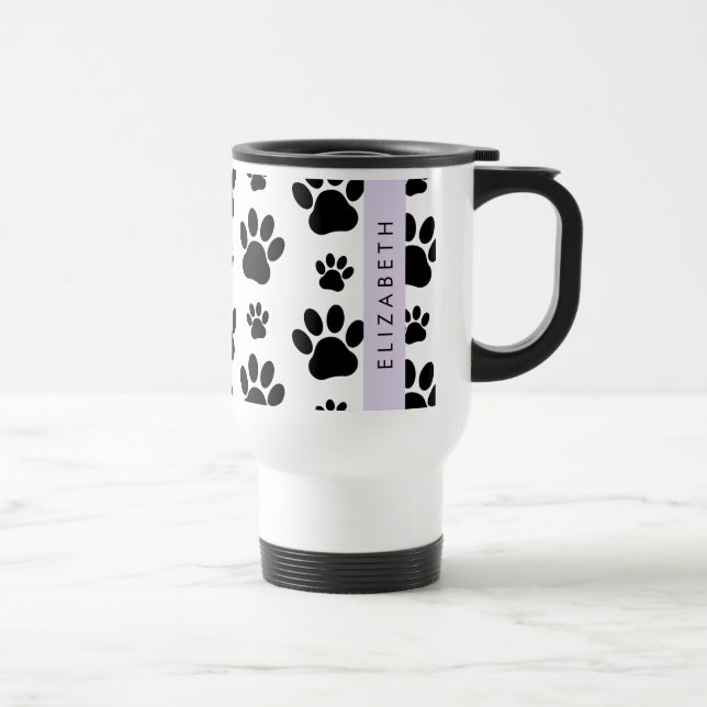 Paw Pattern, Dog Paws, Black and White, Your Name Travel Mug (Right)