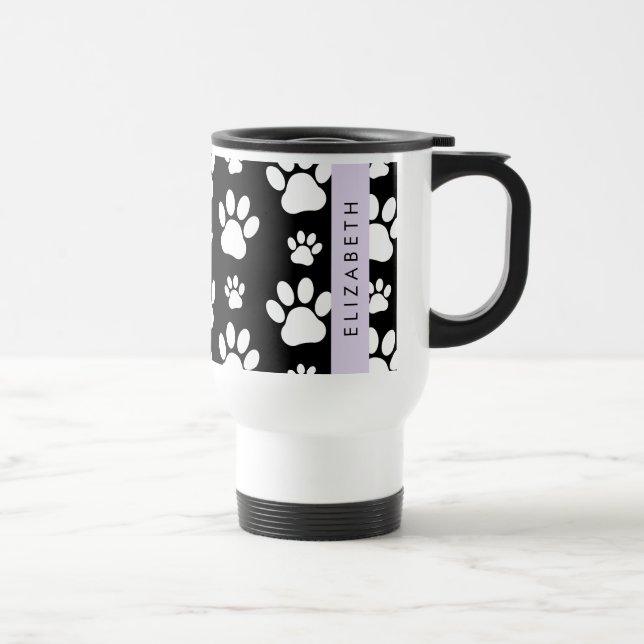 Paw Pattern, Dog Paws, Black and White, Your Name Travel Mug (Right)