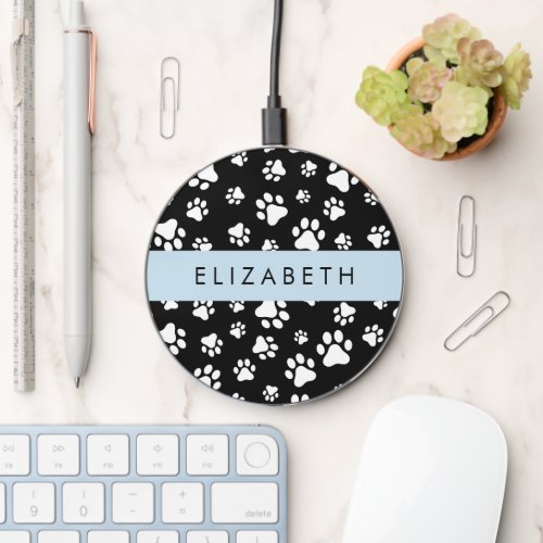 Paw Pattern Dog Paws Black and White Your Name Wireless Charger