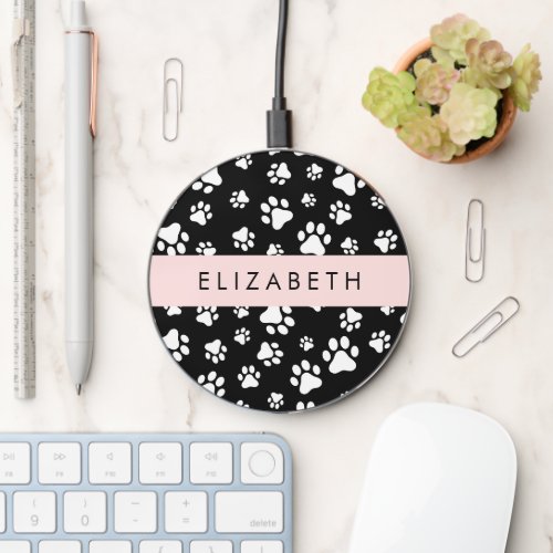 Paw Pattern Dog Paws Black and White Your Name Wireless Charger