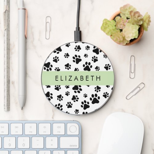 Paw Pattern Dog Paws Black and White Your Name Wireless Charger