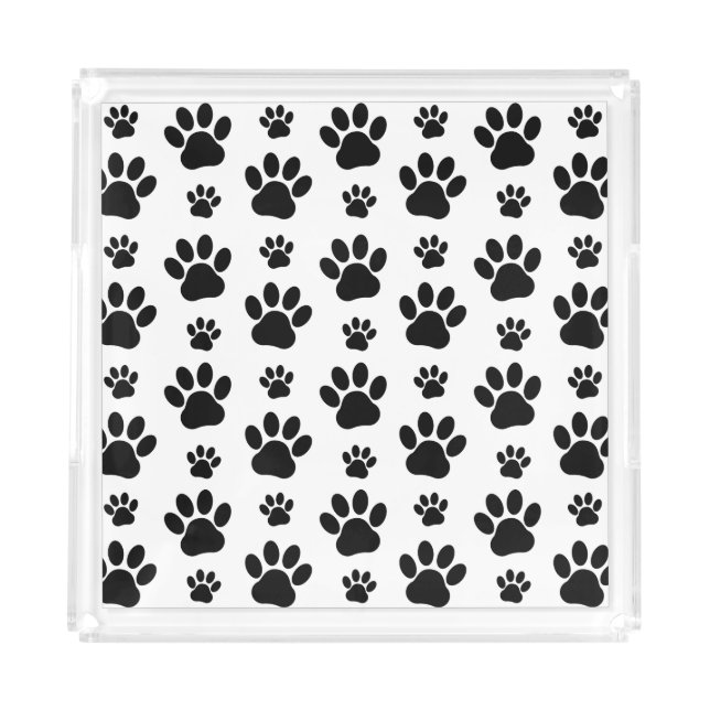 Paw Pattern, Dog Paws, Paw Prints, Black and White Acrylic Tray (Front)