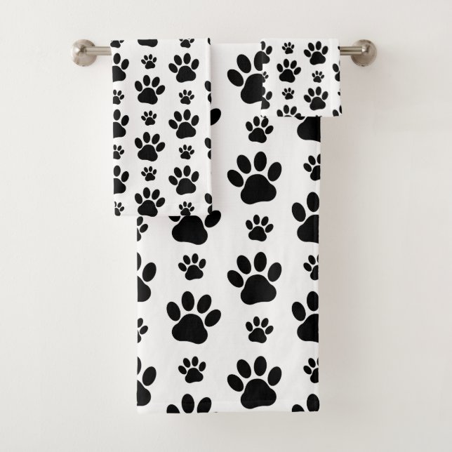 Paw Pattern, Dog Paws, Paw Prints, Black and White Bath Towel Set (Insitu)