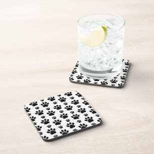 Paw Pattern, Dog Paws, Paw Prints, Black and White Beverage Coaster