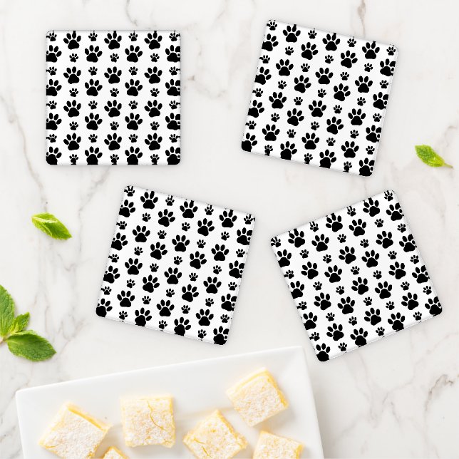 Paw Pattern, Dog Paws, Paw Prints, Black and White Coaster Set (In Situ)