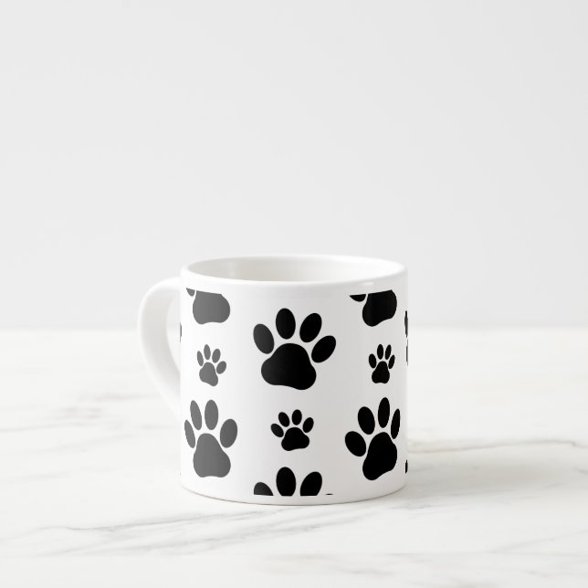 Paw Pattern, Dog Paws, Paw Prints, Black and White Espresso Cup (Front Left)