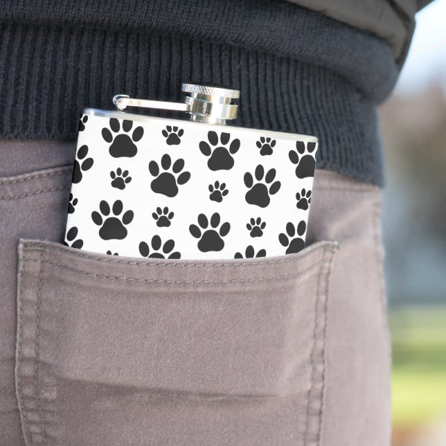 Paw Pattern, Dog Paws, Paw Prints, Black and White Flask (In Situ)