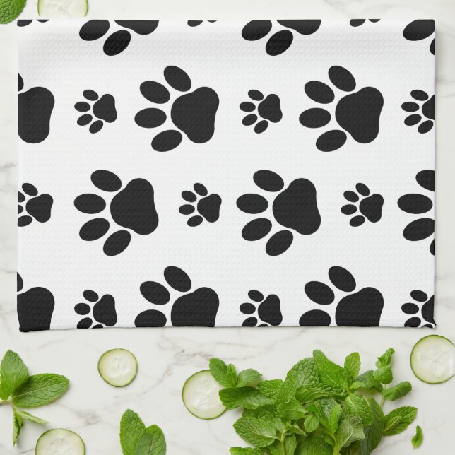 Paw Pattern, Dog Paws, Paw Prints, Black and White Kitchen Towel (Folded)