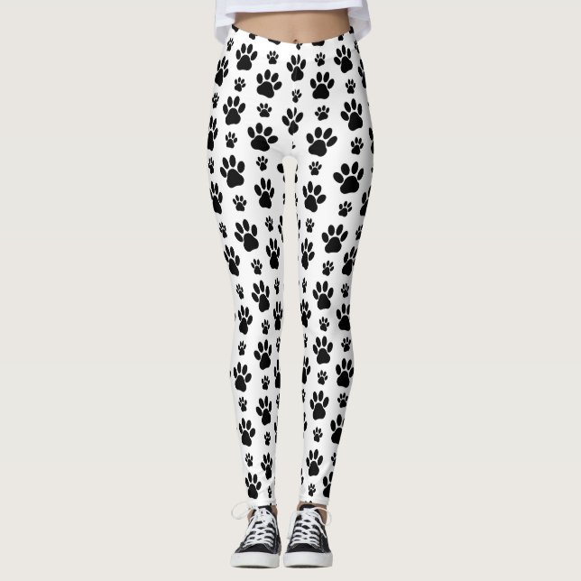 Paw Pattern, Dog Paws, Paw Prints, Black and White Leggings (Front)