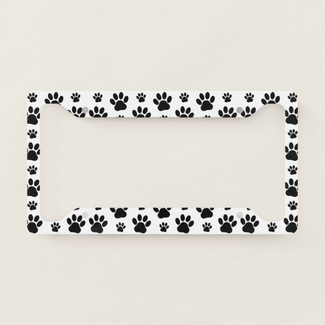 Paw Pattern, Dog Paws, Paw Prints, Black and White License Plate Frame (Front)