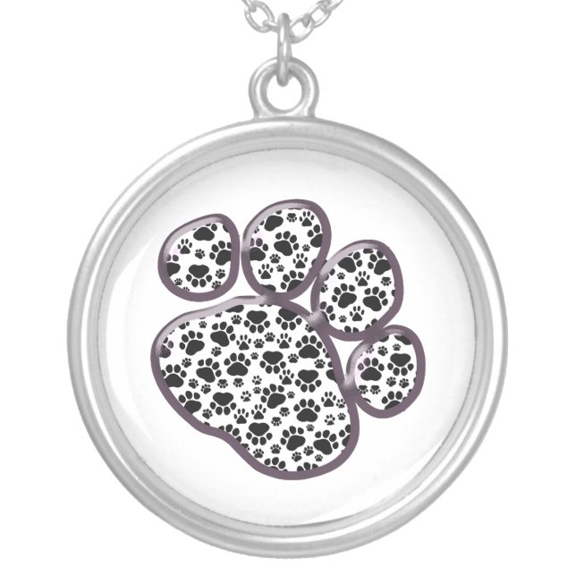 Paw Pattern, Dog Paws, Paw Prints, Black and White Silver Plated Necklace (Front)
