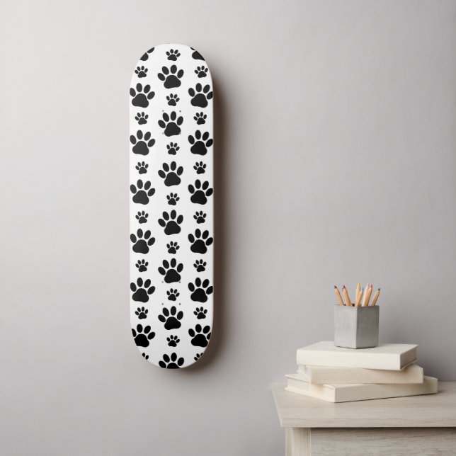 Paw Pattern, Dog Paws, Paw Prints, Black and White Skateboard (Wall Art)