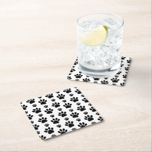 Paw Pattern, Dog Paws, Paw Prints, Black and White Square Paper Coaster