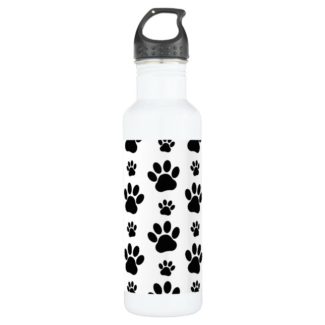 Paw Pattern, Dog Paws, Paw Prints, Black and White Stainless Steel Water Bottle (Front)