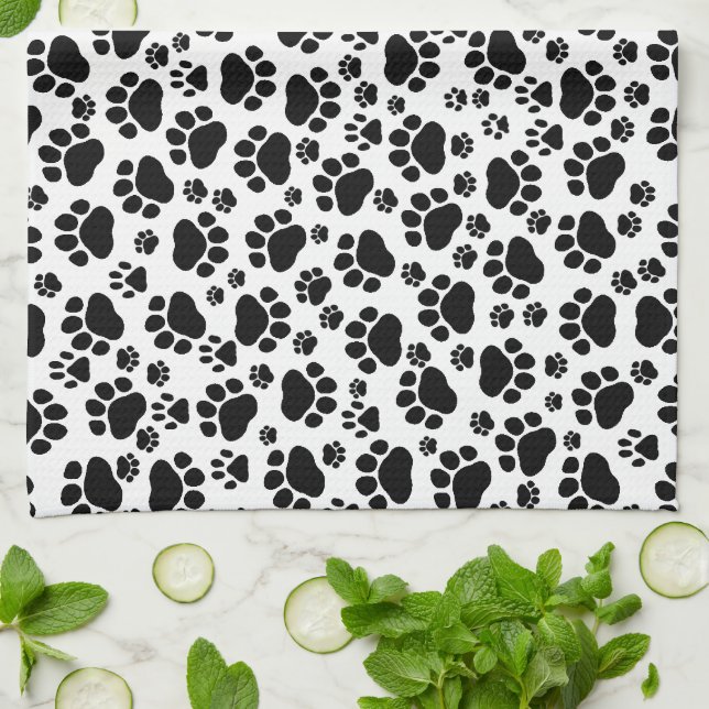 Paw Pattern, Dog Paws, Paw Prints, Black and White Towel (Folded)