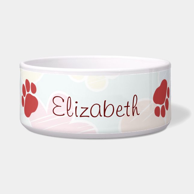 Paw Pattern, Dog Paws, Red Paws, Your Name Bowl (Front)