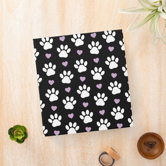 Paw Pattern, Dog Paws, White Paws, Lilac Hearts 3 Ring Binder (In Situ)