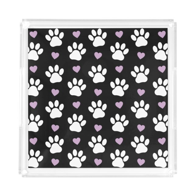 Paw Pattern, Dog Paws, White Paws, Lilac Hearts Acrylic Tray (Front)