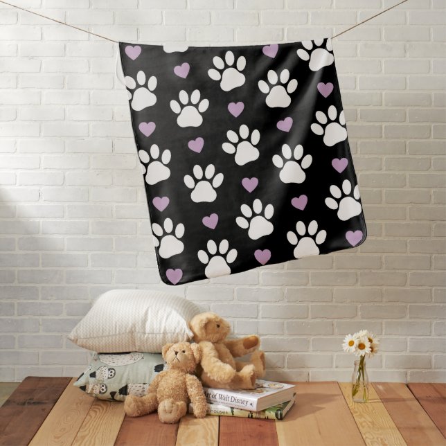 Paw Pattern, Dog Paws, White Paws, Lilac Hearts Baby Blanket (In Situ)