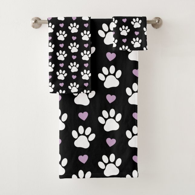 Paw Pattern, Dog Paws, White Paws, Lilac Hearts Bath Towel Set (Insitu)