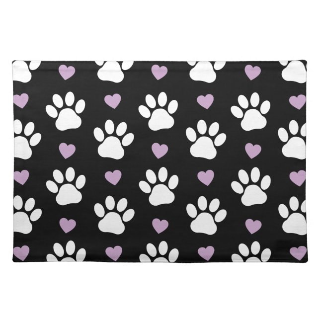 Paw Pattern, Dog Paws, White Paws, Lilac Hearts Cloth Placemat (Front)
