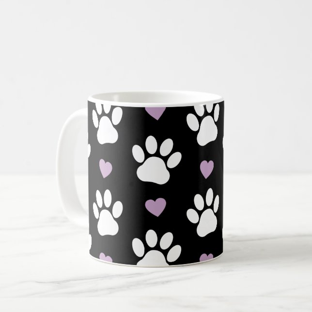 Paw Pattern, Dog Paws, White Paws, Lilac Hearts Coffee Mug (Front Left)